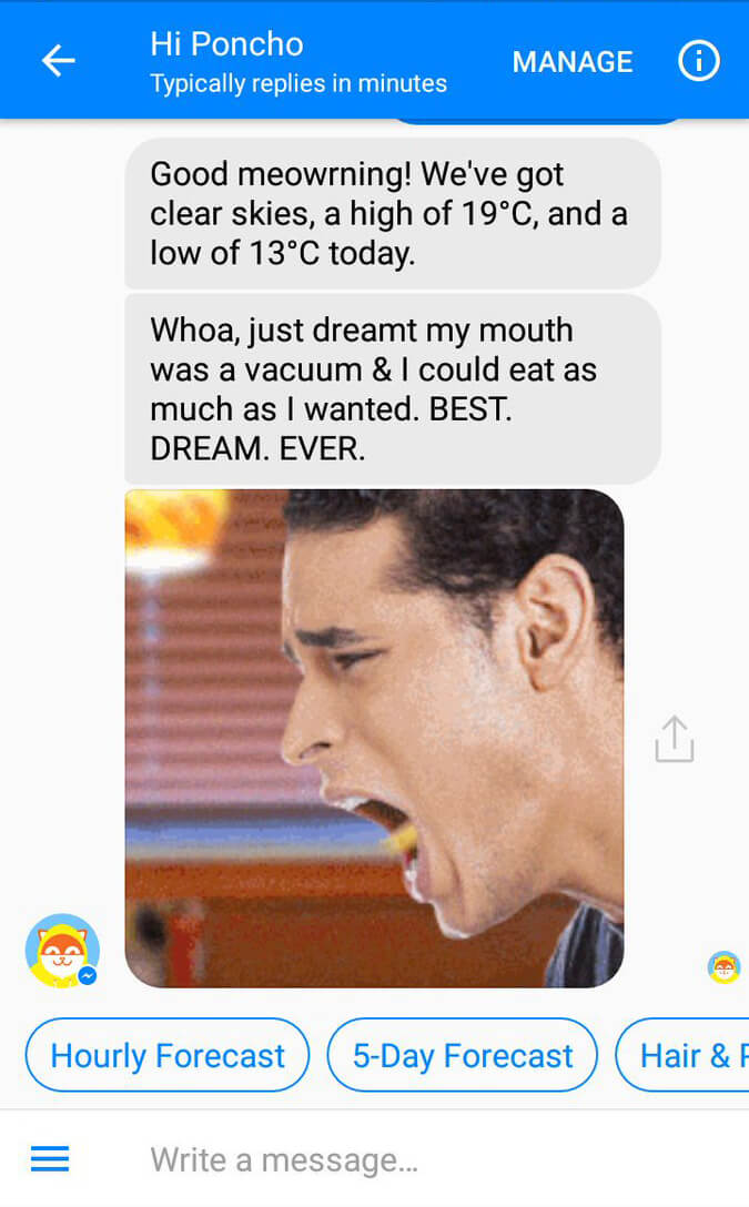 Kickass chatbot UX – a short guide Screenshot of Poncho the Weatherbot in action by Louis Nel