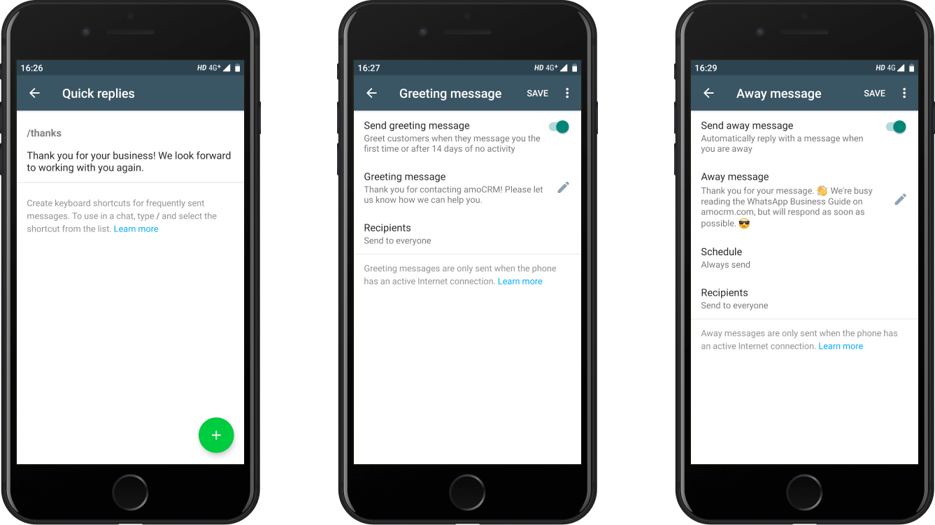 Using WhatsApp for Business WhatsApp Business automations - Quick replies, Away message and Greeting message