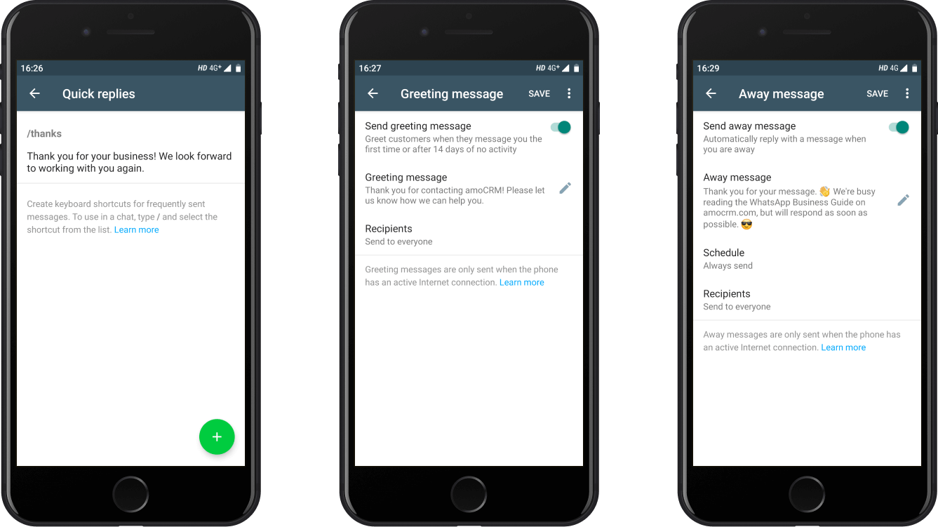 WhatsApp Business automations - Quick replies, Away message and Greeting message