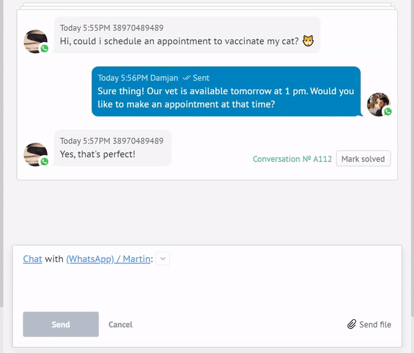 Using multiple users in a WhatsApp CRM WhatsApp chat in Kommo lead card