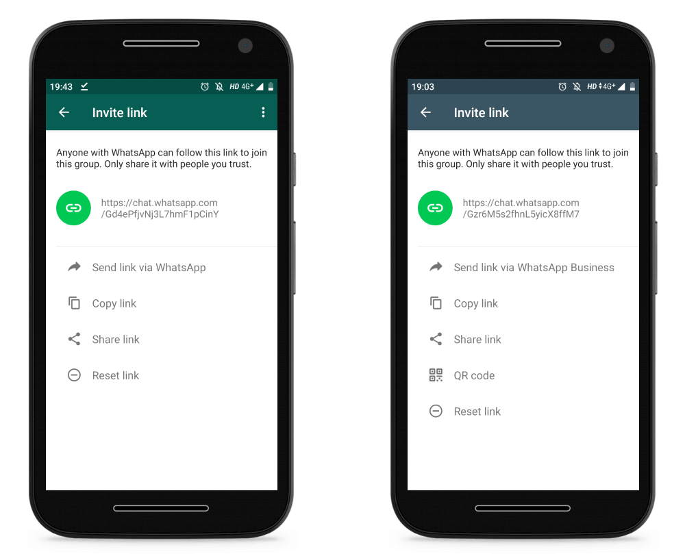 Invite link options in WhatsApp and WhatsApp Business