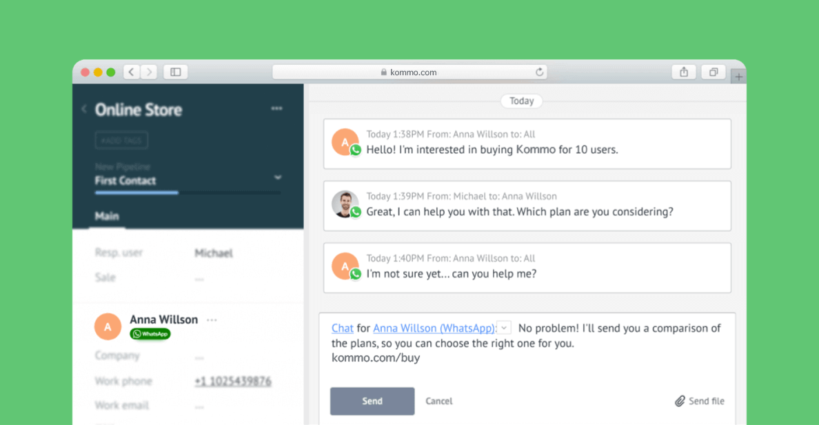 Introducing WhatsApp for Small Business zoom in kommo's lead card